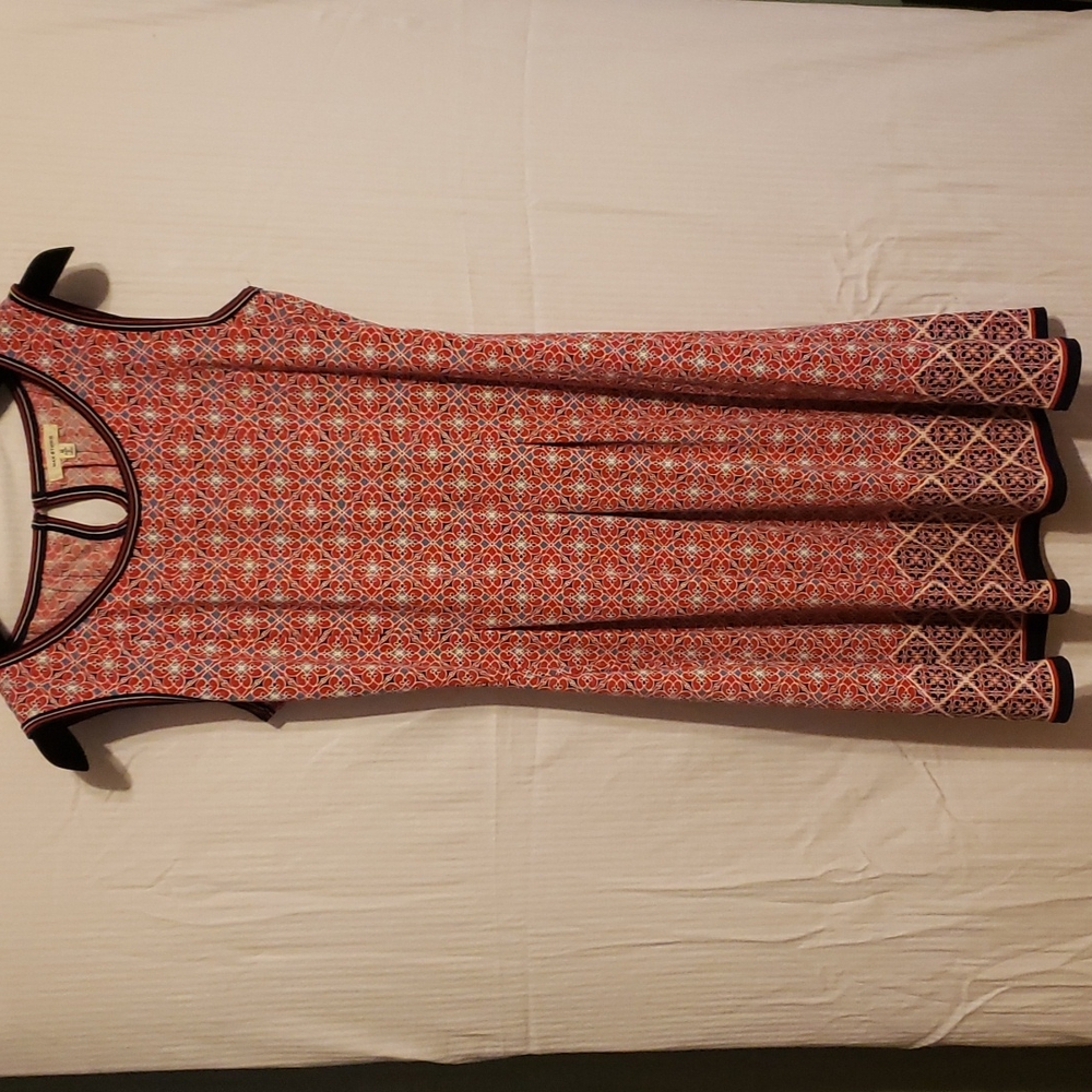 Max Studio Mini Dress: pleated, red with blue and white pattern.